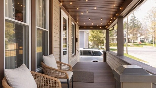 Eine überdachte Veranda mit Korbstühlen und einer Bank, Holzboden und Lichterketten.