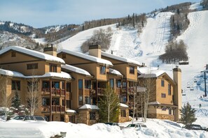 Stunning hotel with a classic facade, situated near a ski resort.