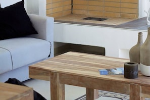 TV, fireplace, books