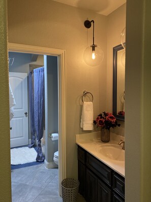 Combined shower/bathtub, hair dryer, towels