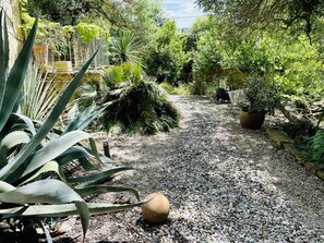 A garden pathway with various plants and a cow grazing. - Gîte-Deluxe-Countryside view-Ensuite (Servies-en-Val)