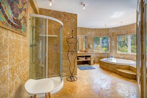 Combined shower/tub, jetted tub, hair dryer, slippers