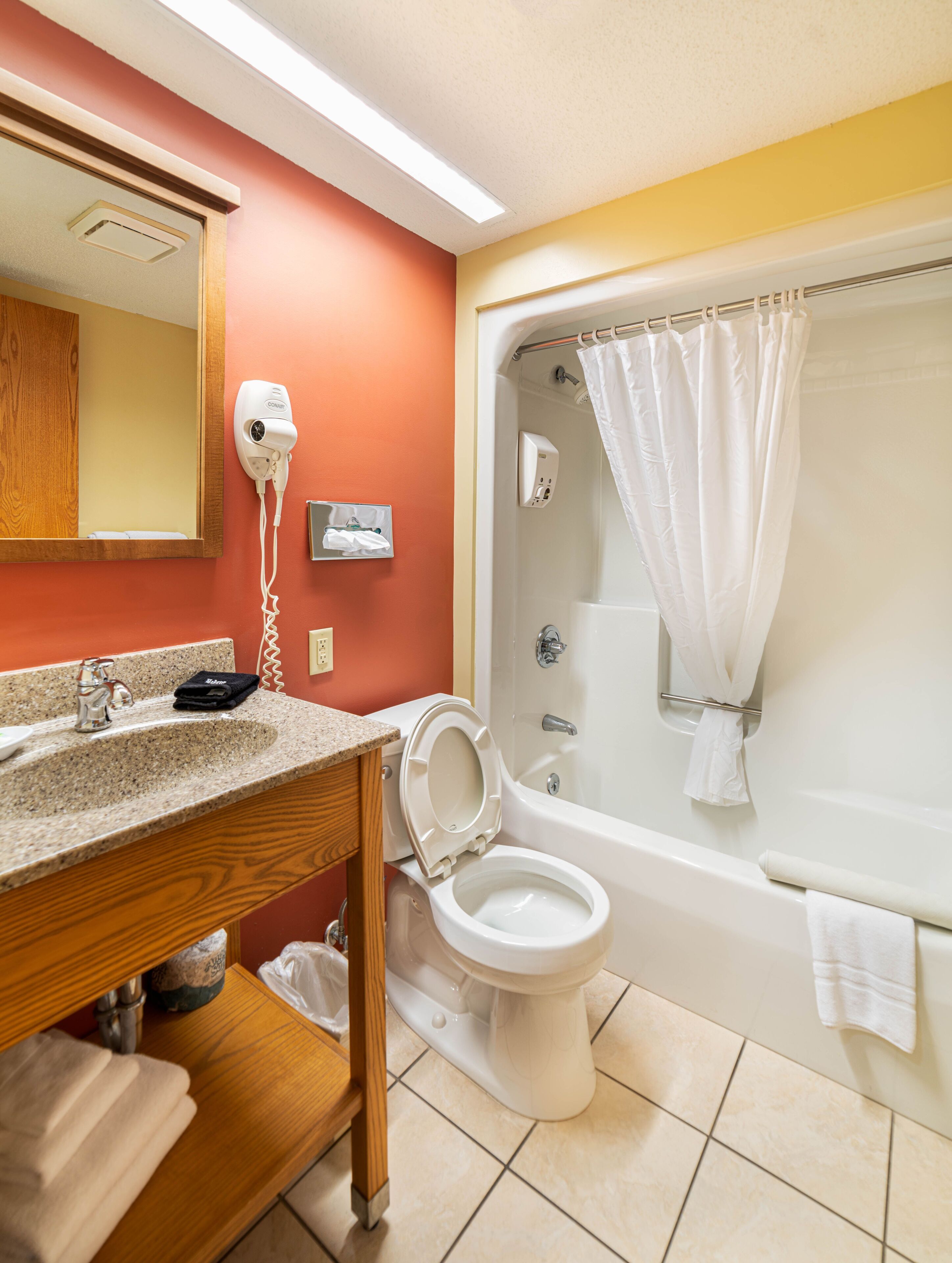 combined shower/bathtub, hair dryer, towels, soap