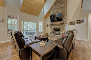 Smart TV, fireplace, books, offices