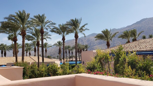 Een resort met palmbomen, een berg op de achtergrond en een gebouw met een pannendak.