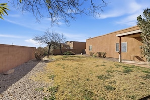 A courtyard with a brick wall, a small tree, and a building with a flat roof and satellite dish.