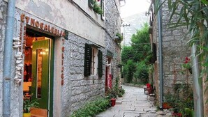 Une ruelle étroite, pavée de pierres, avec un bâtiment sur la gauche qui abrite un magasin reconnaissable à sa porte verte et à une enseigne placée au-dessus.