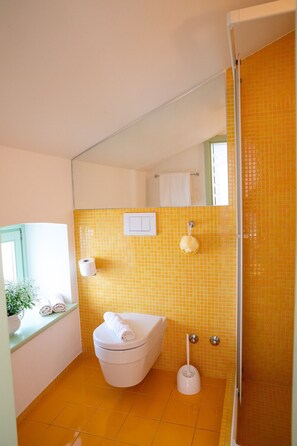 Shower, hair dryer, towels