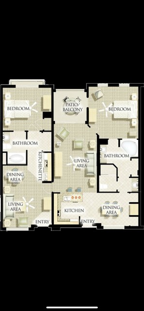 Grundriss eines Hotels mit zwei Schlafzimmern, zwei Bädern, einem Patio-Balkon, einem Essbereich, einer Küche und einem Wohnbereich.