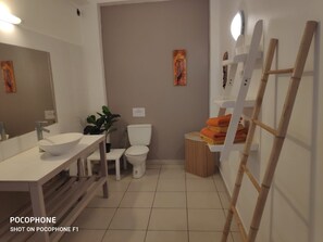 Shower, hair dryer, towels