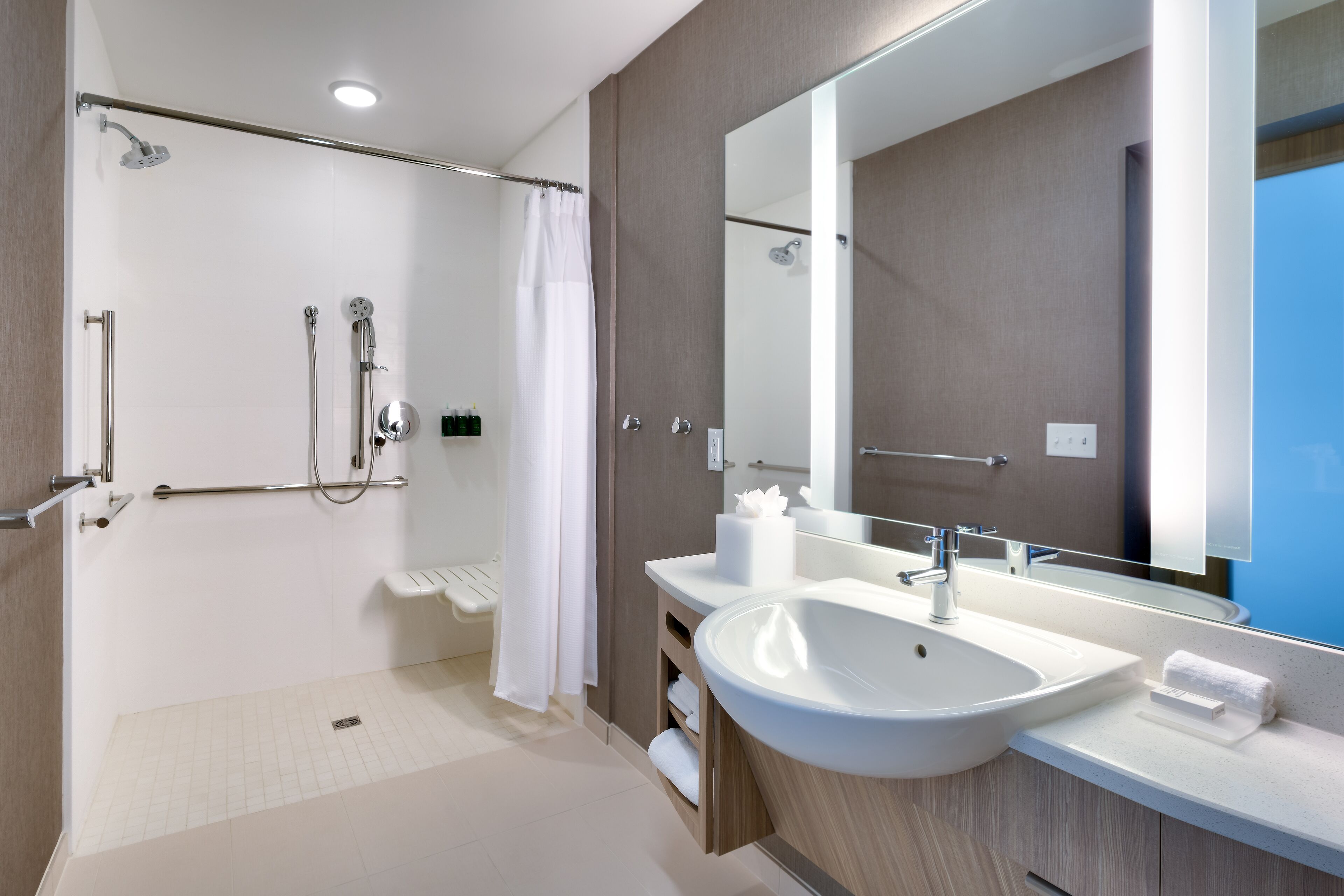 Studio Suite, 1 King Bed (Mobility Accessible, Roll-In Shower) | Bathroom | Free toiletries, hair dryer, towels