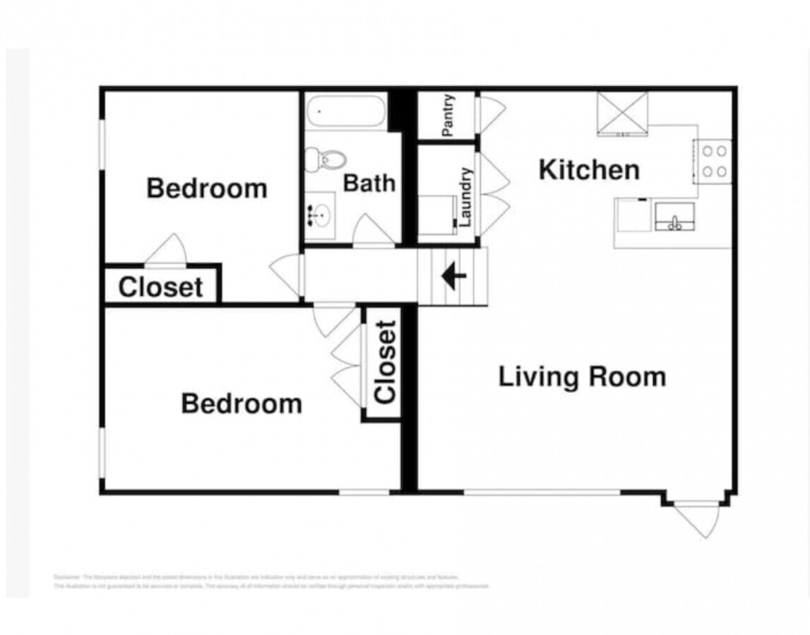 Un plan d’étage comprenant deux chambres, une salle de bain, une cuisine, un salon et deux placards.