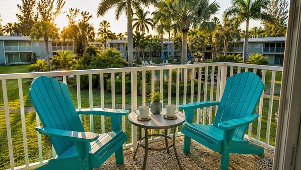 Un balcon agrémenté de deux fauteuils Adirondack turquoise, d’une petite table ronde avec deux tasses blanches et d’une plante verte en pot.