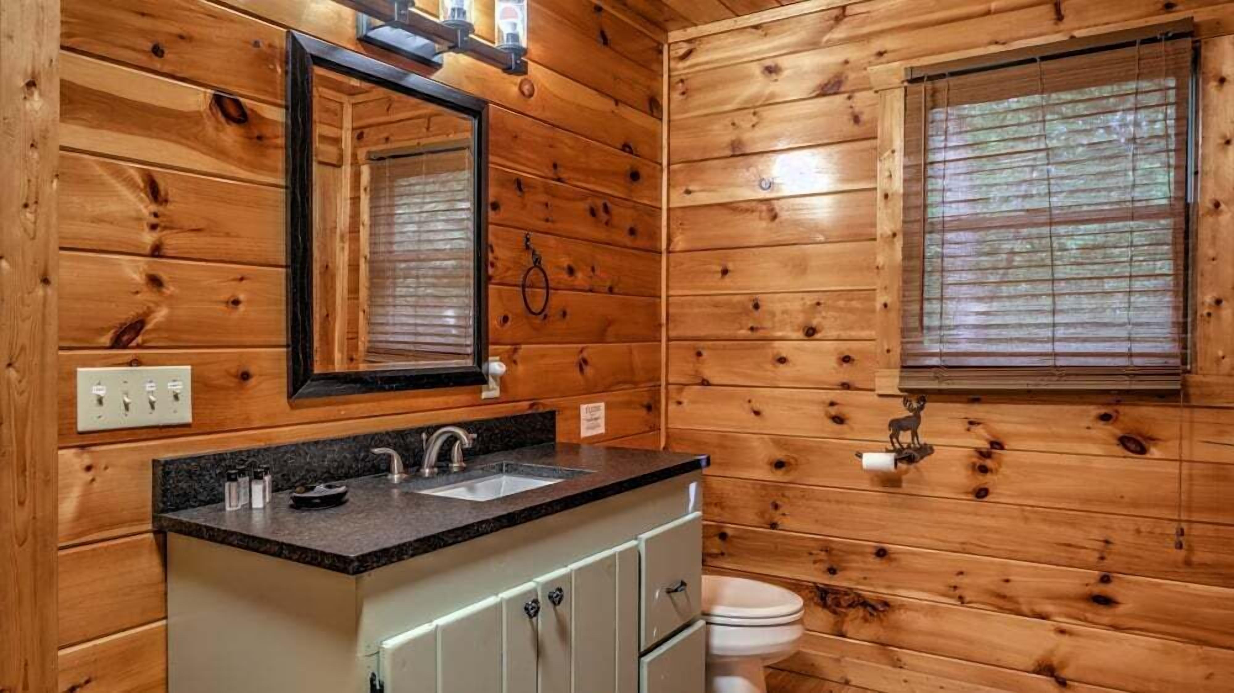A wooden cabin bathroom with a sink, mirror, and toilet.