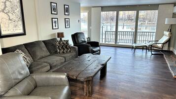 Smart TV, fireplace, DVD player, books