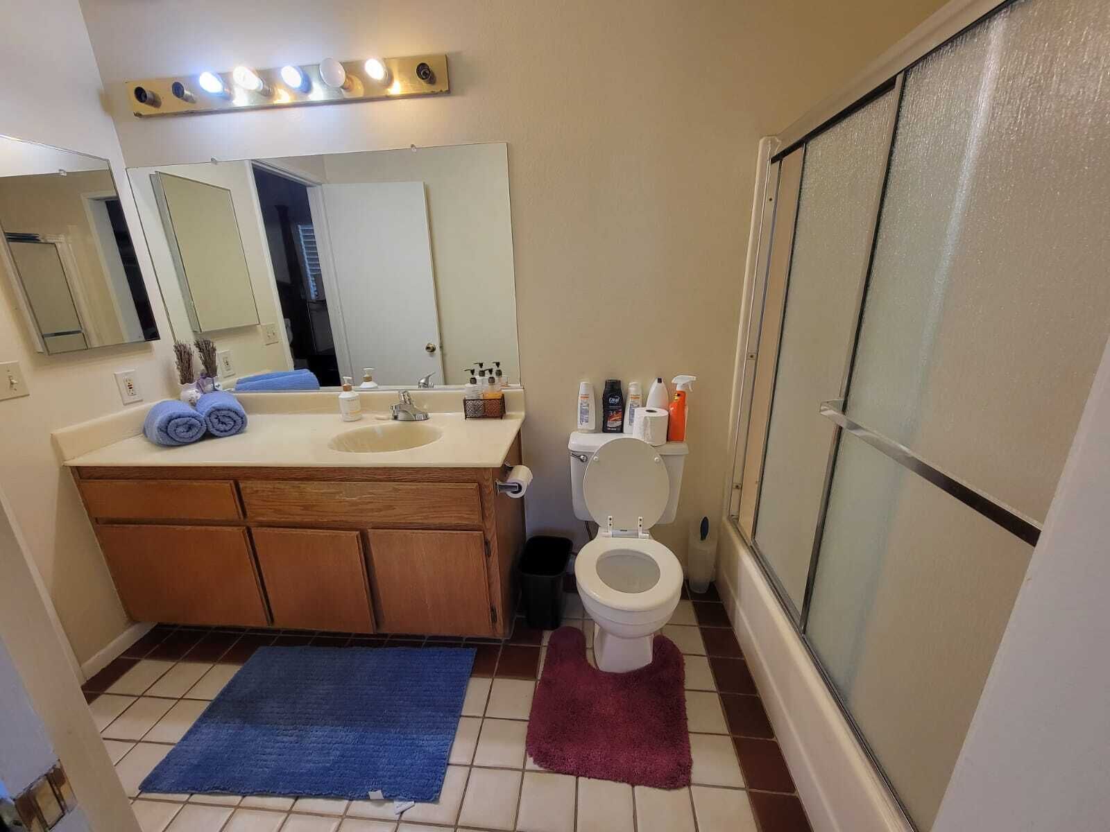 A bathroom with a sink, mirror, toilet, and shower.