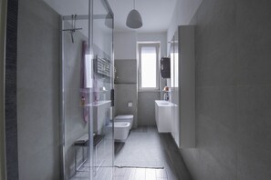 Shower, hair dryer, bidet, towels