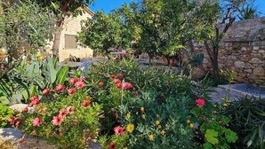 Un jardín con diversas plantas y flores, un muro de piedra y un edificio con una ventana.