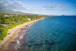 Une plage à l’eau d’un bleu cristallin, bordée de palmiers, avec une montagne qui se profile à l’horizon.