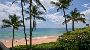 A beach view with palm trees and a clear sky. - Hale Hui Kai 213 Oceanfront!! (Kihei)