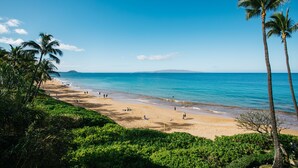 A beach with palm trees, clear blue sky, and calm sea. - Hale Hui Kai 310 Ocean Front Two bedroom / Two bath (Kihei)