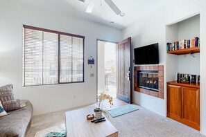 TV, fireplace, DVD player, books