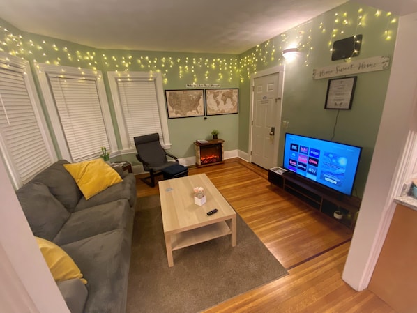 Smart TV, fireplace, books