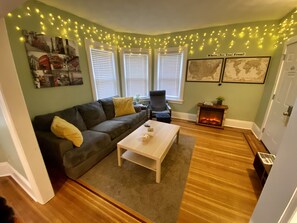 Smart TV, fireplace, books