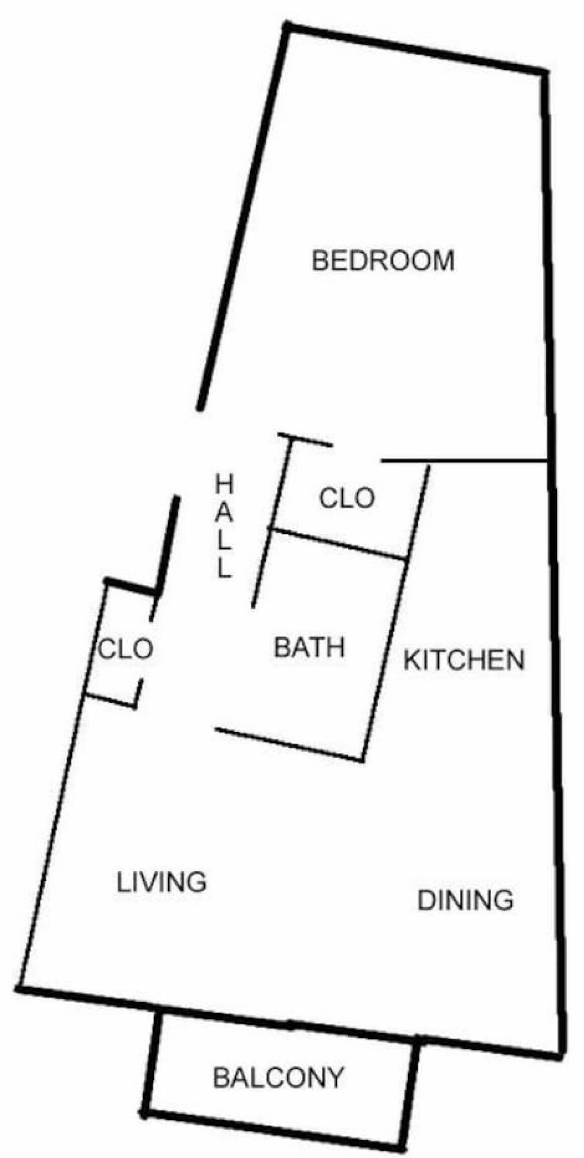 Ein Grundriss mit beschrifteten Räumen, darunter ein Schlafzimmer, ein Wohnbereich, ein Essbereich, ein Balkon und ein Flur mit Einbauschrank.