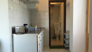 Fridge, microwave, coffee/tea maker, toaster