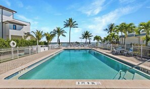 Une piscine rectangulaire à l’eau d’un bleu limpide, entourée d’une clôture blanche, de palmiers et de chaises longues.