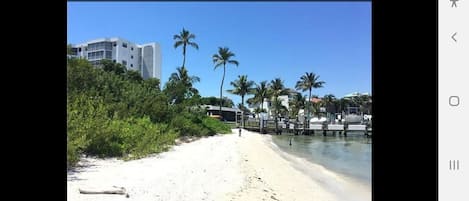 Una playa de arena blanca, palmeras y un edificio al fondo.
