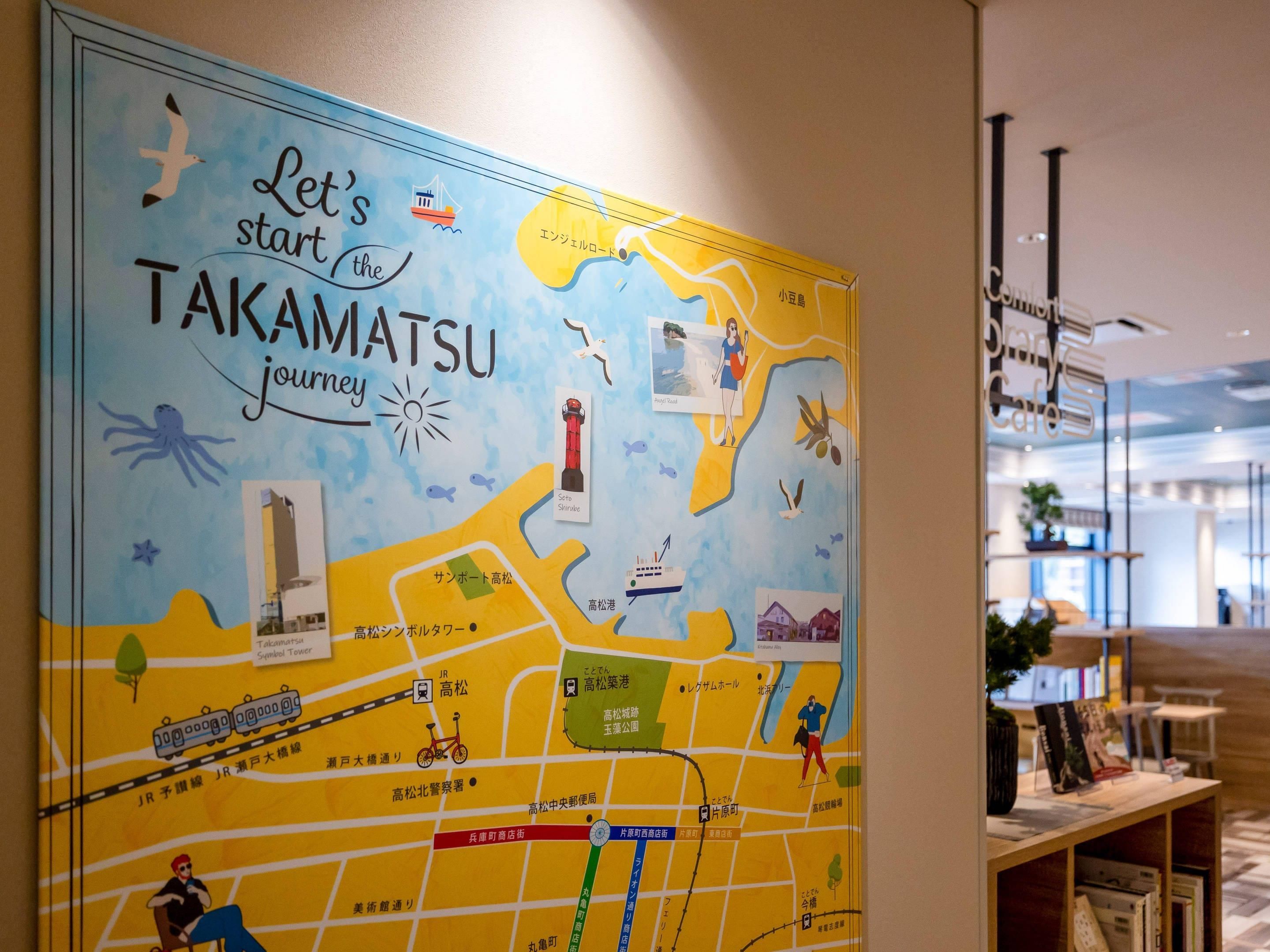 A colorful map of Takamatsu with landmarks and transportation routes.