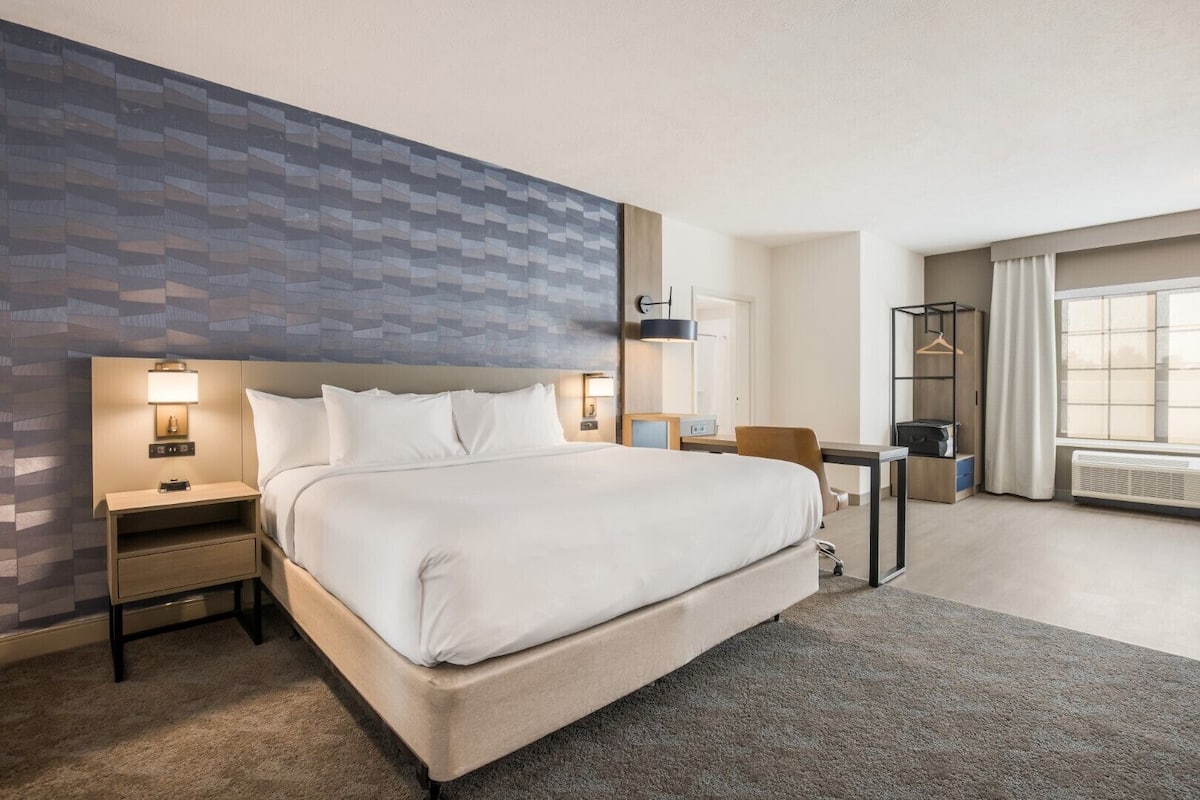 Suite, 1 kingsize bed met slaapbank, toegankelijk voor mindervaliden, niet-roken (No Pets) | Een bureau, een laptopwerkplek, verduisterende gordijnen
