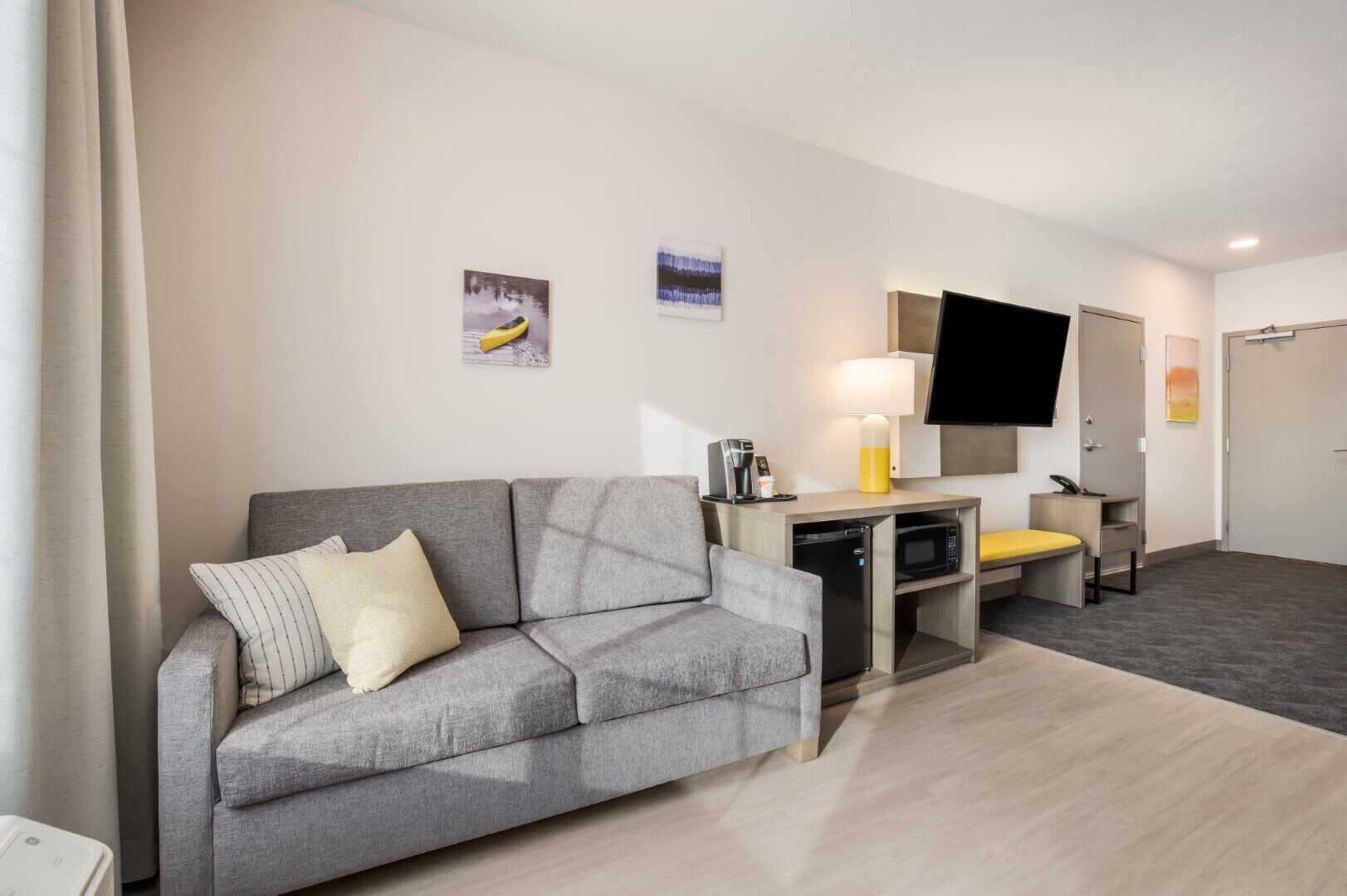 suite, 1 king bed with sofa bed, accessible, non smoking (no pets) | desk, laptop workspace, blackout curtains, iron/ironing board