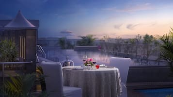 Outdoor pool, pool umbrellas, pool loungers