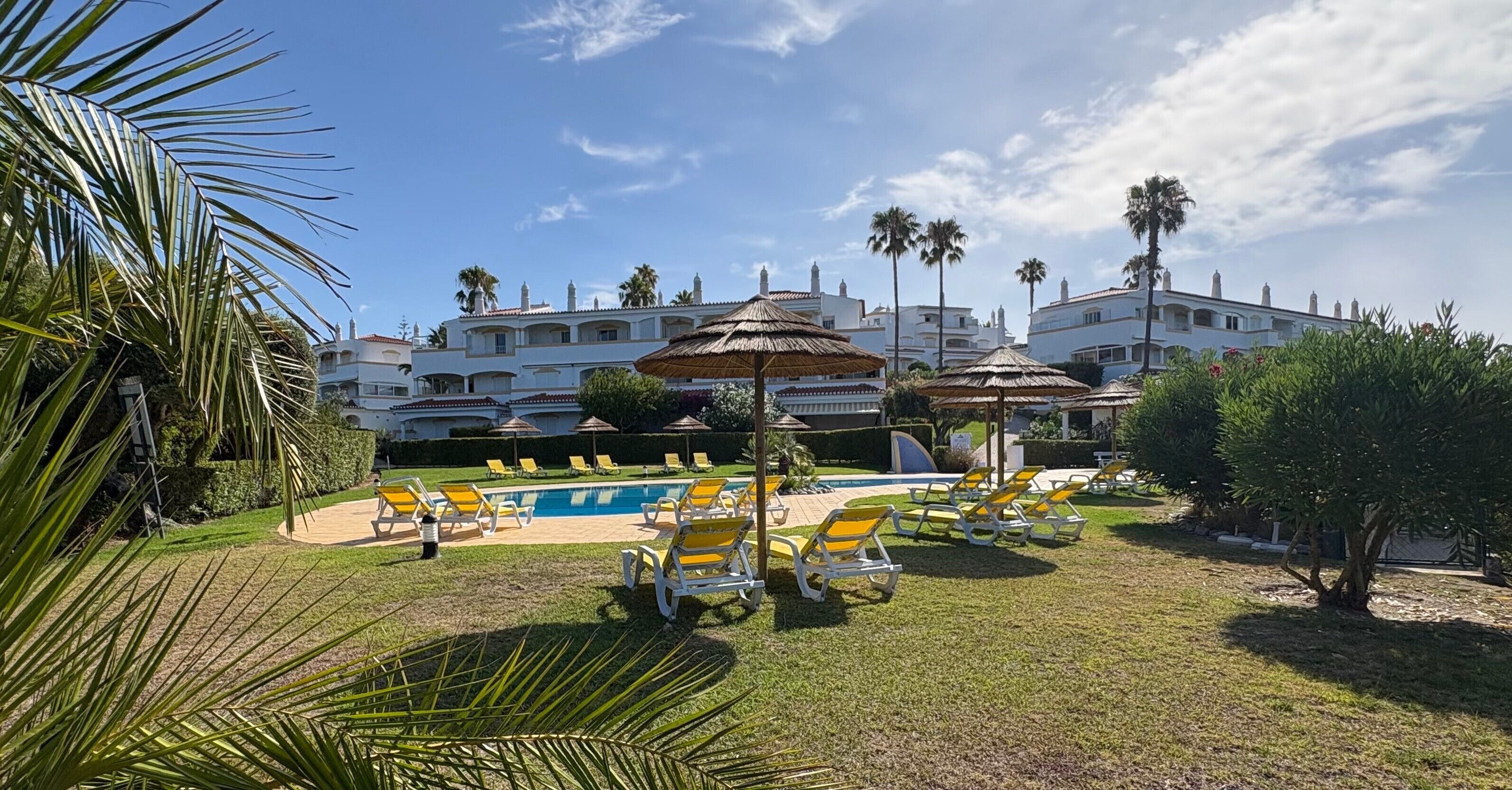 A pool area with lounge chairs and umbrellas, surrounded by palm trees and a building with multiple balconies.