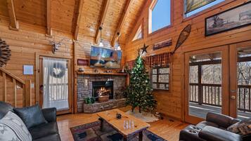 Smart TV, fireplace, video games, DVD player