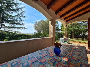 Un espace extérieur abrité, avec une table et des chaises, un vase bleu rempli de fleurs et une vue sur la verdure et les arbres.