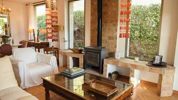 Smart TV, fireplace, DVD player, books