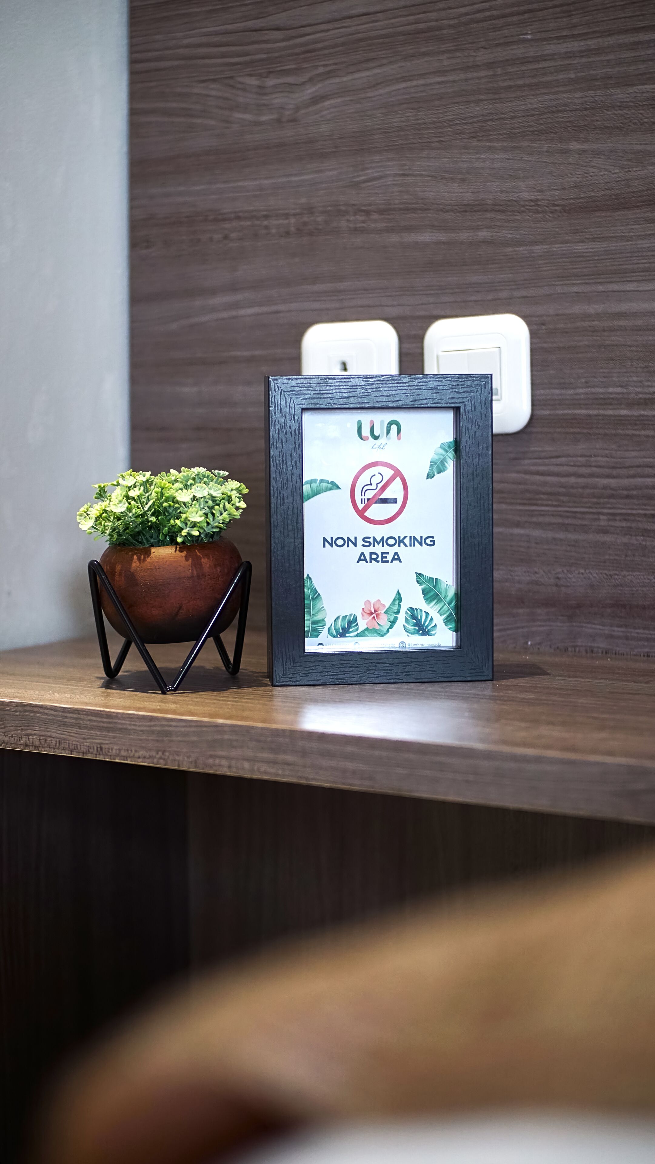A framed 'NON SMOKING AREA' sign with a plant on a wooden shelf.