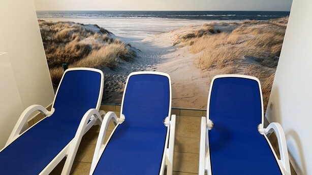 Drei blaue Liegestühle mit weißen Gestellen in einem Raum mit Blick auf den Strand durch eine Glaswand.