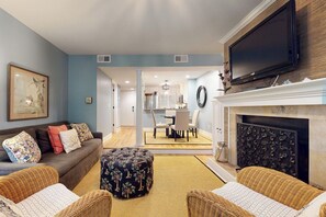 Flat-screen TV, fireplace, offices