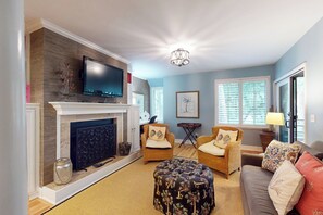 Flat-screen TV, fireplace, offices