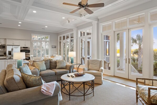 TV, fireplace, books