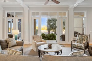 TV, fireplace, books