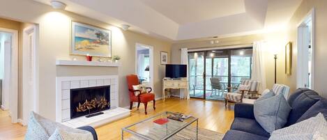 Televisión, chimenea, reproductor de DVD