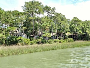 A riverside property with a row of cabins surrounded by dense trees and vegetation.