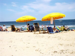 Une plage avec plusieurs parasols et des chaises de plage.