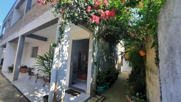 Área externa coberta com plantas em vasos e uma mesa.